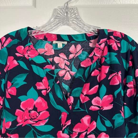 Talbots Outlet M tunic top, navy/floral, rayon, flowy, long sleeve, fall, autumn - Picture 6 of 7